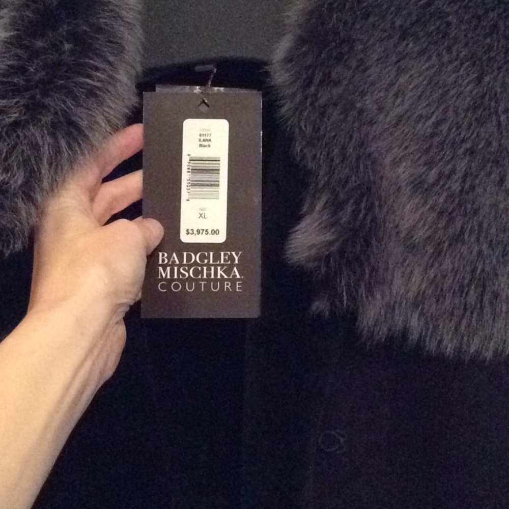 Shearling coat Lamb Fur Badgley Mischka couture black Leather suede Gray Collar - Picture 7 of 13
